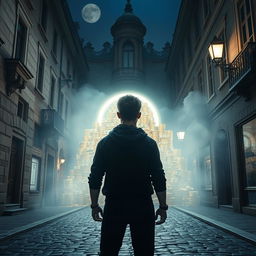 A captivating movie frame featuring a young hero viewed from behind, standing on the old, cobblestone streets of Kyiv