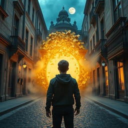 A captivating movie frame featuring a young hero viewed from behind, standing on the old, cobblestone streets of Kyiv
