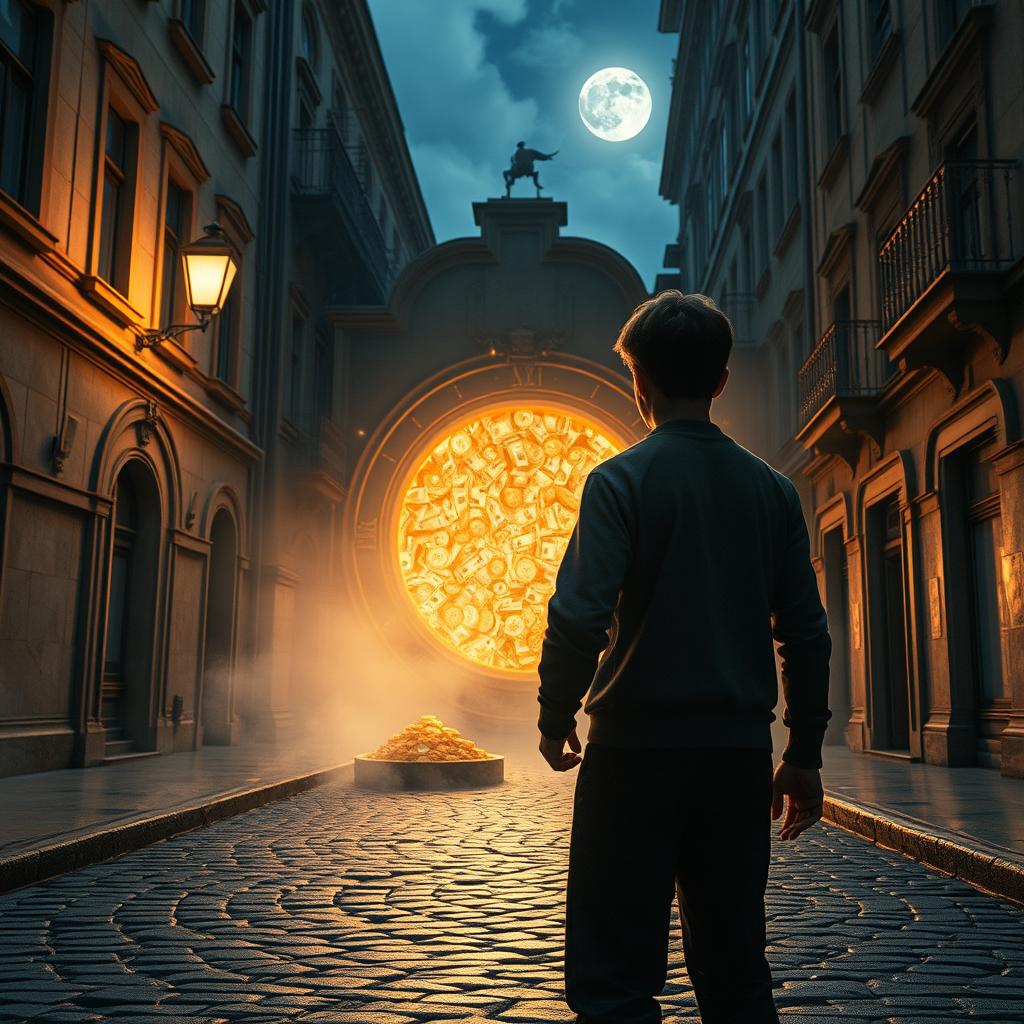 A captivating movie frame featuring a young hero viewed from behind, standing on the old, cobblestone streets of Kyiv