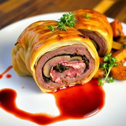 A beautifully arranged Beef Wellington, showcasing a perfectly cooked piece of beef covered in a golden flaky puff pastry crust, with a layer of rich mushroom duxelles and prosciutto visible in cross-section