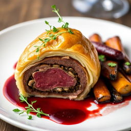 A beautifully arranged Beef Wellington, showcasing a perfectly cooked piece of beef covered in a golden flaky puff pastry crust, with a layer of rich mushroom duxelles and prosciutto visible in cross-section