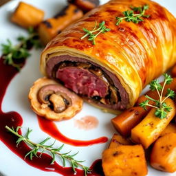 A beautifully arranged Beef Wellington, showcasing a perfectly cooked piece of beef covered in a golden flaky puff pastry crust, with a layer of rich mushroom duxelles and prosciutto visible in cross-section