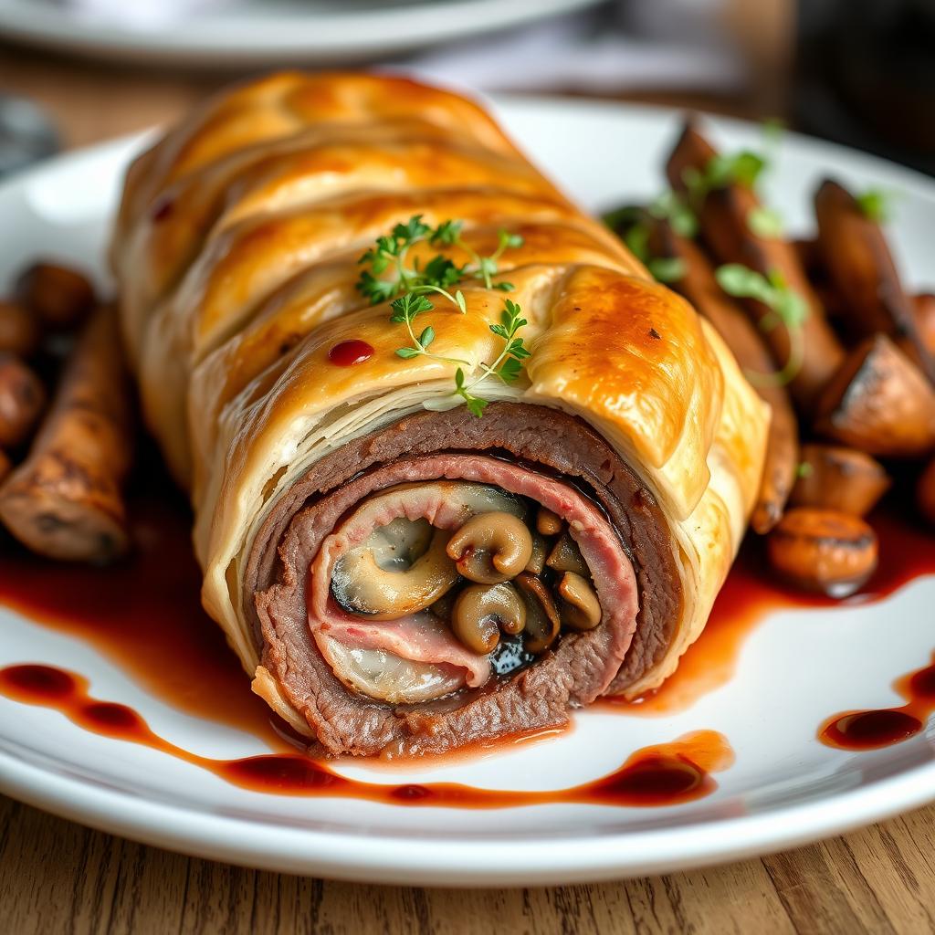 A beautifully arranged Beef Wellington, showcasing a perfectly cooked piece of beef covered in a golden flaky puff pastry crust, with a layer of rich mushroom duxelles and prosciutto visible in cross-section