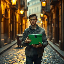 A striking movie frame depicting a young man in the afterlife, strolling through the enchanting old streets of Kyiv