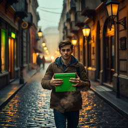A striking movie frame depicting a young man in the afterlife, strolling through the enchanting old streets of Kyiv