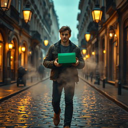 A striking movie frame depicting a young man in the afterlife, strolling through the enchanting old streets of Kyiv