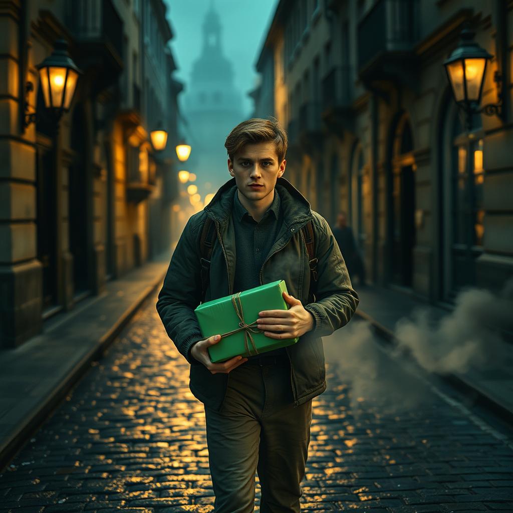 A striking movie frame depicting a young man in the afterlife, strolling through the enchanting old streets of Kyiv