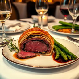 A beautifully presented Beef Wellington on an elegant dining table, showcasing the golden-brown puff pastry with a perfectly cooked filet mignon inside, surrounded by a rich mushroom duxelles and prosciutto layer