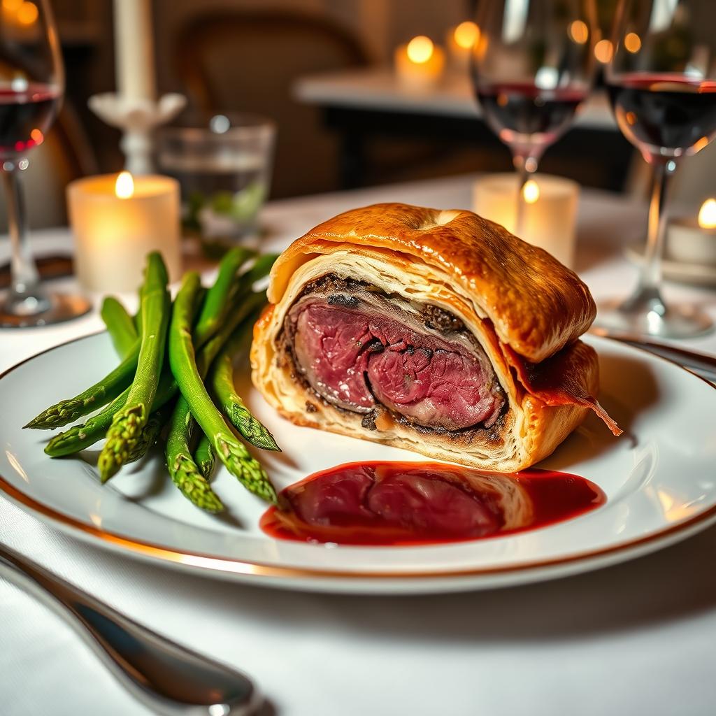 A beautifully presented Beef Wellington on an elegant dining table, showcasing the golden-brown puff pastry with a perfectly cooked filet mignon inside, surrounded by a rich mushroom duxelles and prosciutto layer