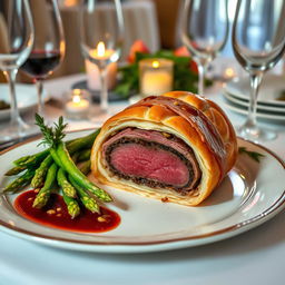 A beautifully presented Beef Wellington on an elegant dining table, showcasing the golden-brown puff pastry with a perfectly cooked filet mignon inside, surrounded by a rich mushroom duxelles and prosciutto layer