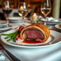 A beautifully presented Beef Wellington on an elegant dining table, showcasing the golden-brown puff pastry with a perfectly cooked filet mignon inside, surrounded by a rich mushroom duxelles and prosciutto layer