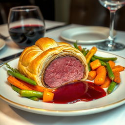 A beautifully plated Beef Wellington made with whole wheat flour, showcasing the golden brown pastry crust encasing a perfectly cooked beef fillet