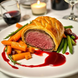 A beautifully plated Beef Wellington made with whole wheat flour, showcasing the golden brown pastry crust encasing a perfectly cooked beef fillet