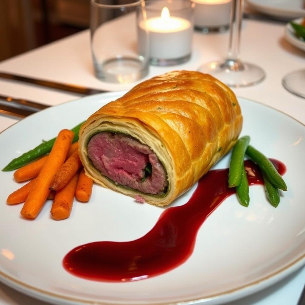 A beautifully plated Beef Wellington made with whole wheat flour, showcasing the golden brown pastry crust encasing a perfectly cooked beef fillet