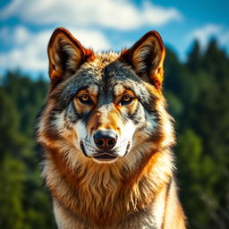 A stunning, raw photograph of a majestic wolf captured in a natural environment, showcasing its powerful stature and captivating gaze