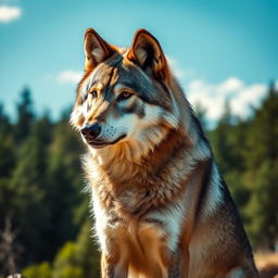 A stunning, raw photograph of a majestic wolf captured in a natural environment, showcasing its powerful stature and captivating gaze