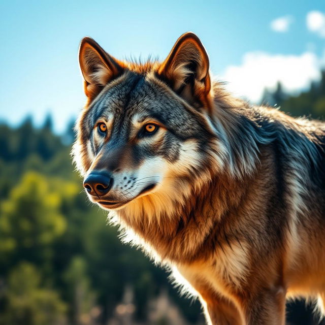 A stunning, raw photograph of a majestic wolf captured in a natural environment, showcasing its powerful stature and captivating gaze