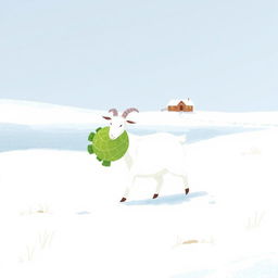 In a serene winter landscape, a white goat carries a bright green cabbage in its embrace as it walks through the soft, white snow
