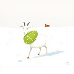 In a serene winter landscape, a white goat carries a bright green cabbage in its embrace as it walks through the soft, white snow