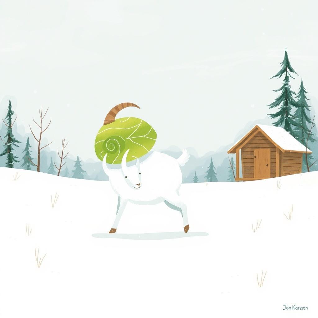 In a serene winter landscape, a white goat carries a bright green cabbage in its embrace as it walks through the soft, white snow