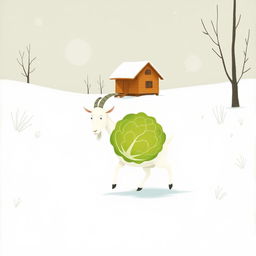 In a serene winter landscape, a white goat carries a bright green cabbage in its embrace as it walks through the soft, white snow