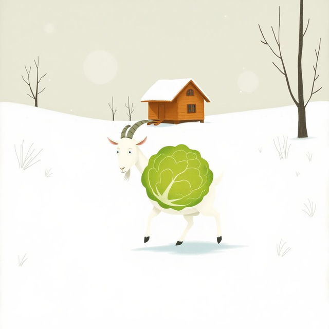 In a serene winter landscape, a white goat carries a bright green cabbage in its embrace as it walks through the soft, white snow
