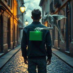 A mesmerizing movie frame depicting a young man in the afterlife, seen from the back as he walks through the enchanting old streets of Kyiv