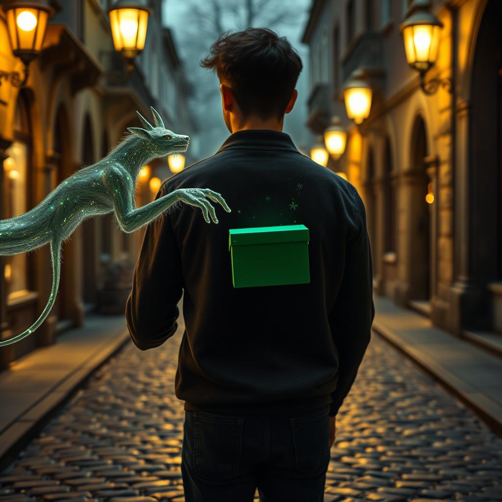 A mesmerizing movie frame depicting a young man in the afterlife, seen from the back as he walks through the enchanting old streets of Kyiv