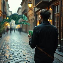 A mesmerizing movie frame depicting a young man in the afterlife, seen from the back as he walks through the enchanting old streets of Kyiv