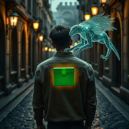 A mesmerizing movie frame depicting a young man in the afterlife, seen from the back as he walks through the enchanting old streets of Kyiv