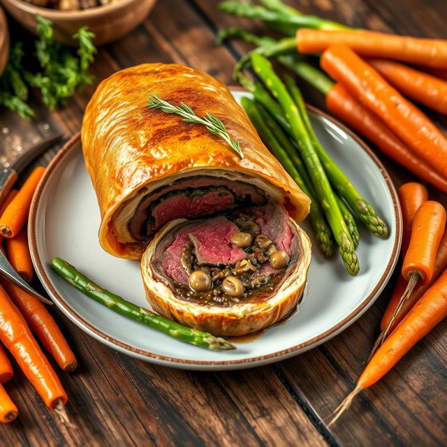 A beautifully plated Beef Wellington made with whole wheat flour