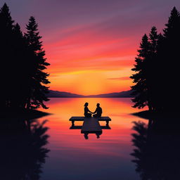 A serene sunset over a calm lake, with vibrant orange, pink, and purple hues reflecting on the water's surface
