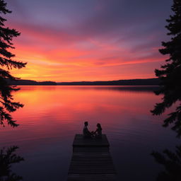 A serene sunset over a calm lake, with vibrant orange, pink, and purple hues reflecting on the water's surface