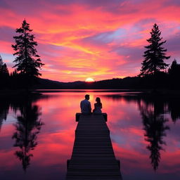 A serene sunset over a calm lake, with vibrant orange, pink, and purple hues reflecting on the water's surface