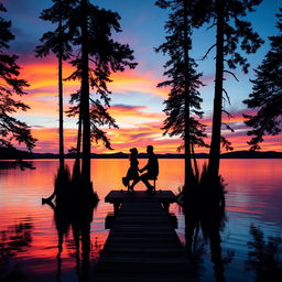 A serene sunset over a calm lake, with vibrant orange, pink, and purple hues reflecting on the water's surface