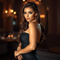 A beautiful and alluring model posing sensually in an elegant setting, wearing a stunning figure-hugging dress