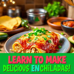 A colorful and enticing video thumbnail for a cooking tutorial on making irresistible Mexican Enchiladas