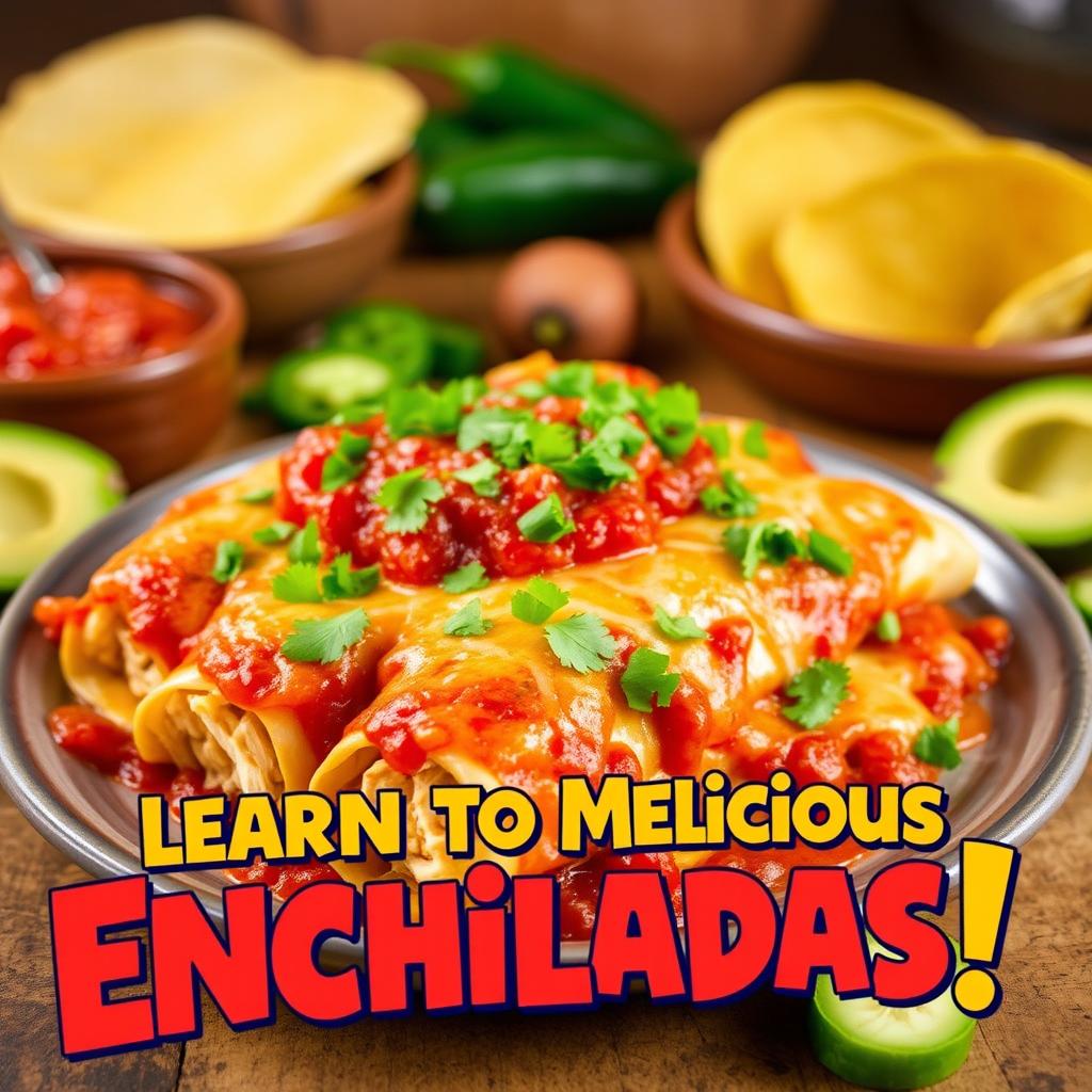 A colorful and enticing video thumbnail for a cooking tutorial on making irresistible Mexican Enchiladas
