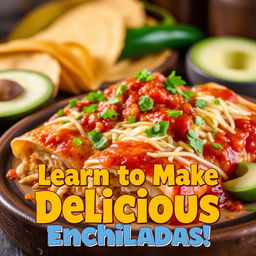 A colorful and enticing video thumbnail for a cooking tutorial on making irresistible Mexican Enchiladas