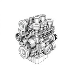 A detailed illustration of the internal structure of an engine without any brushes, showcasing the complex arrangement of pistons, crankshaft, camshaft, valves, and combustion chamber