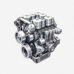 A detailed illustration of the internal structure of an engine without any brushes, showcasing the complex arrangement of pistons, crankshaft, camshaft, valves, and combustion chamber