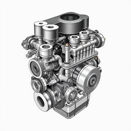 A detailed illustration of the internal structure of an engine without any brushes, showcasing the complex arrangement of pistons, crankshaft, camshaft, valves, and combustion chamber