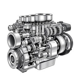 A detailed illustration of the internal structure of an engine without any brushes, showcasing the complex arrangement of pistons, crankshaft, camshaft, valves, and combustion chamber