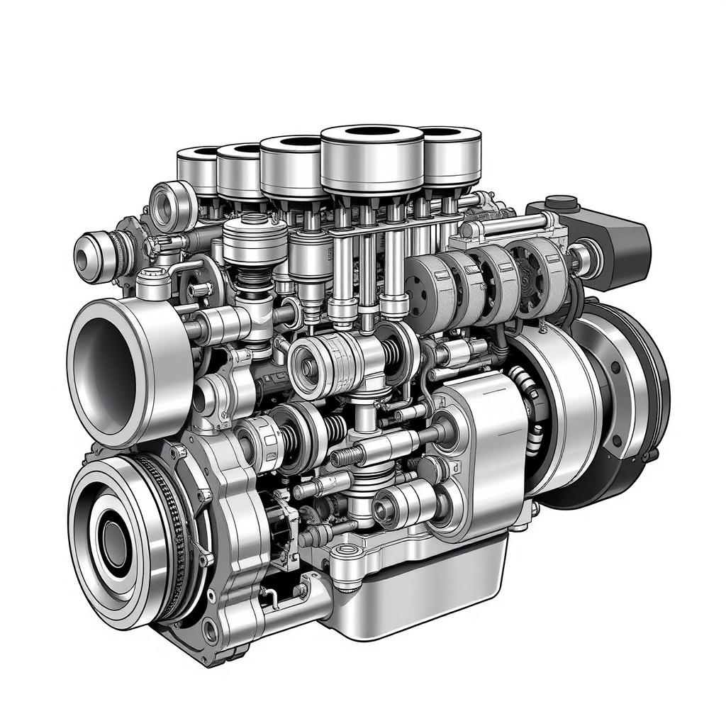 A detailed illustration of the internal structure of an engine without any brushes, showcasing the complex arrangement of pistons, crankshaft, camshaft, valves, and combustion chamber