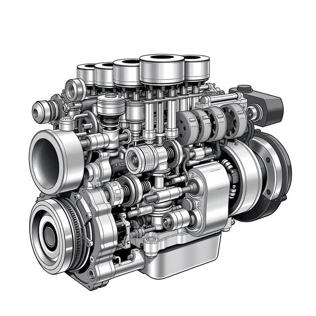 A detailed illustration of the internal structure of an engine without any brushes, showcasing the complex arrangement of pistons, crankshaft, camshaft, valves, and combustion chamber