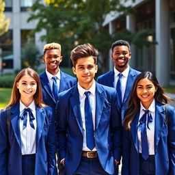 A group of diverse college students wearing stylish royal blue school uniforms, with tailored blazers, crisp white shirts, and custom royal blue ties