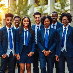 A group of diverse college students wearing stylish royal blue school uniforms, with tailored blazers, crisp white shirts, and custom royal blue ties