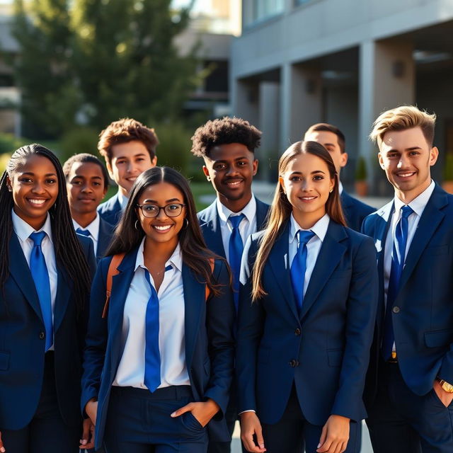 A group of diverse college students wearing stylish royal blue school uniforms, with tailored blazers, crisp white shirts, and custom royal blue ties
