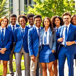 A group of diverse college students wearing stylish royal blue school uniforms, with tailored blazers, crisp white shirts, and custom royal blue ties