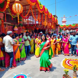 A vibrant and colorful Indian festival scene, showcasing a lively atmosphere filled with traditional decorations, bright saris, and intricate henna designs
